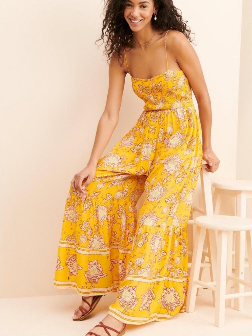 Free People Little of Your Love Marigold Floral Jumpsuit Size L